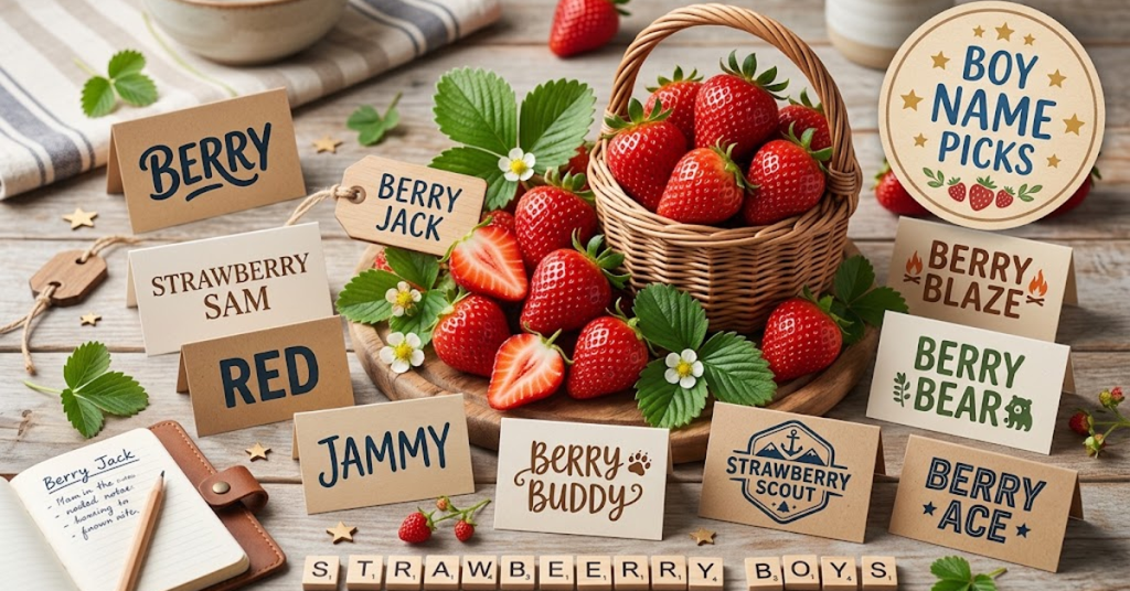 Option 1 (SEO-Friendly): "Cute and unique strawberry names for boys"
Option 2 (Descriptive): "Graphic displaying cute strawberry inspired name ideas for boys"
Option 3 (Short & Direct): "Strawberry names for boys list header"
Option 4 (Detailed): "Collection of sweet unique and funny strawberry names for boys"