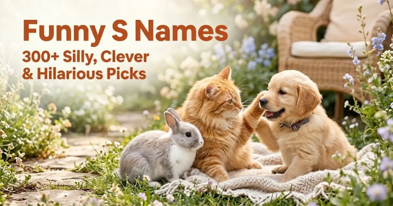 Alt Text: Bright typography displaying "Funny S Names: 300+ Silly, Clever & Hilarious Picks" surrounded by colorful playful icons on a clean background.