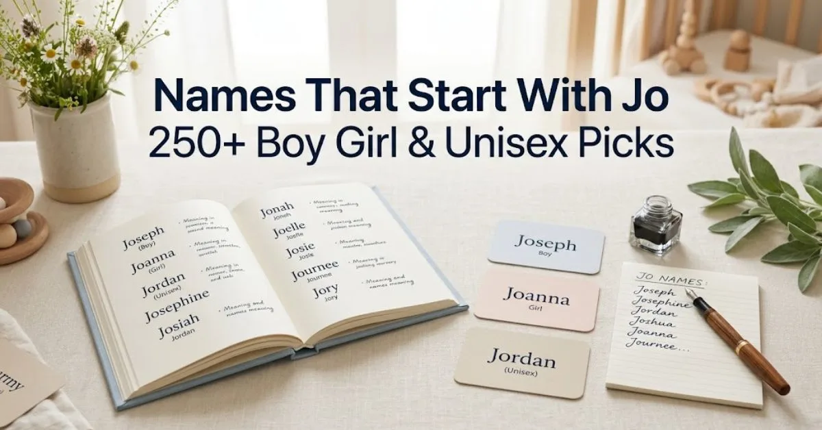 Boy Names: Joseph, Jonah, Joshua, Josiah, Jude. Girl Names: Josephine, Jolene, Jordan, Jocelyn, Johanna. Unisex Names: Jo, Joey, Joan, Jodie, Journee.