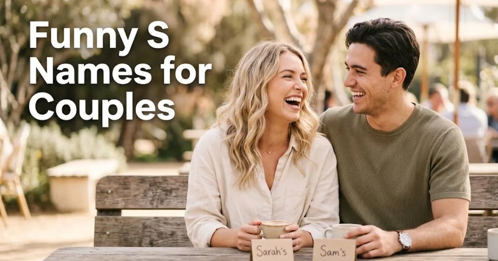 Alt Text:
Two rustic coffee mugs sitting next to customized handwritten matching name tags beginning with the letter S on a bright wooden table.