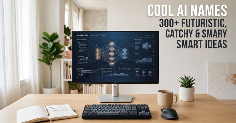Alt Text:A sleek modern computer monitor displaying a futuristic neural network interface on a clean desk with a keyboard, notebook, and the text overlay "Cool AI Names 300+ Futuristic, Catchy & Smart Ideas".