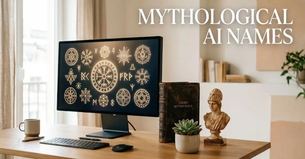 Alt Text:
A sleek modern computer monitor displaying ancient mythic symbols and neural networks next to a classical marble bust sculpture and an antique book, with the text overlay "Mythological AI Names".