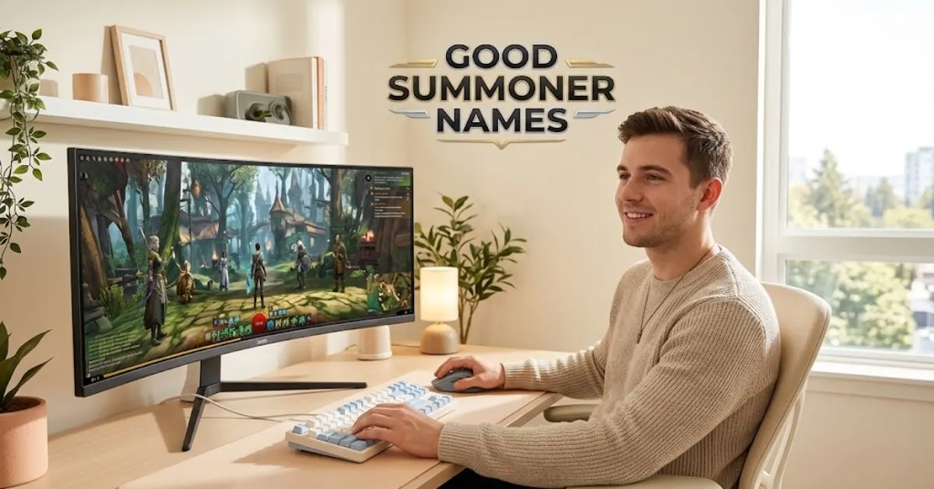 Here are optimized SEO alt text options specifically tailored for images accompanying a "Good Summoner Names" section or article:
1. Primary Section Feature Image (Desktop & Gamer Setup)
Alt Text:
A gamer sitting at a clean, sunlit desk setup with a monitor displaying a multiplayer fantasy battle arena and the text overlay "Good Summoner Names"
