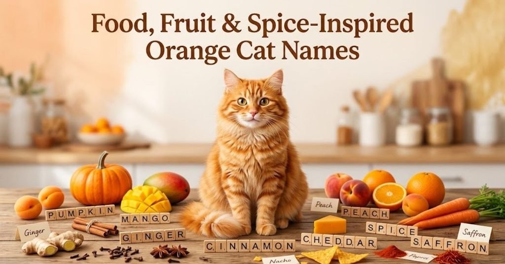 Option 1 (SEO-Friendly): "Food fruit and spice inspired cute orange male cat names list"
Option 2 (Descriptive): "Graphic showing food fruit and spice themed name ideas for cute orange male cats"
Option 3 (Short & Direct): "Food and spice inspired orange male cat names heading"
Option 4 (Detailed): "Delicious food fruit and spice name ideas for cute orange male kittens"