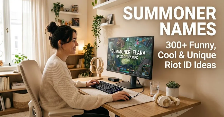 Alt Text: A person naturally sitting at a modern gaming desk playing a fantasy multiplayer game on a monitor, with the text overlay "Summoner Names 300+ Funny, Cool & Unique Riot ID Ideas".