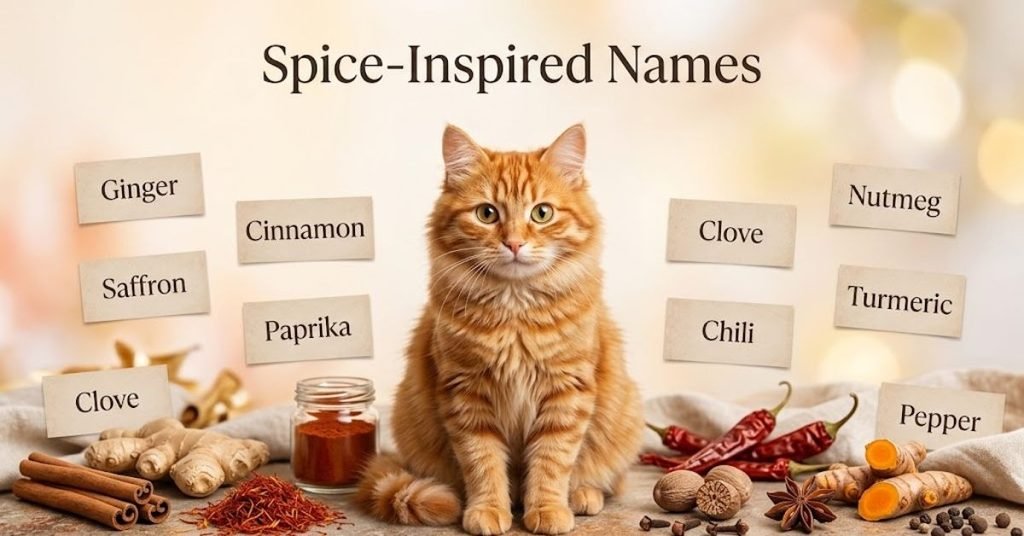 Option 1 (SEO-Friendly): "Spice inspired names for cute orange male cats"

Option 2 (Descriptive): "Graphic displaying spice themed name ideas for orange cats"

Option 3 (Short & Direct): "Spice inspired orange cat names heading"

Option 4 (Detailed): "Collection of warm spice inspired names for orange kittens"