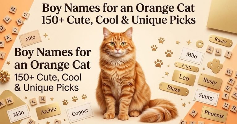 Option 1 (SEO-Friendly): "150 plus cute cool and unique boy names for an orange cat" Option 2 (Descriptive): "Graphic displaying 150 plus cute cool and unique name ideas for orange male cats" Option 3 (Short & Direct): "Boy names for an orange cat list header" Option 4 (Detailed): "Collection of over 150 cute cool and unique orange boy cat names"