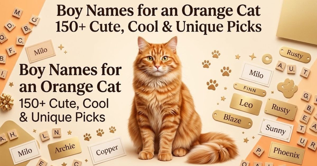 Option 1 (SEO-Friendly): "150 plus cute cool and unique boy names for an orange cat" Option 2 (Descriptive): "Graphic displaying 150 plus cute cool and unique name ideas for orange male cats" Option 3 (Short & Direct): "Boy names for an orange cat list header" Option 4 (Detailed): "Collection of over 150 cute cool and unique orange boy cat names"