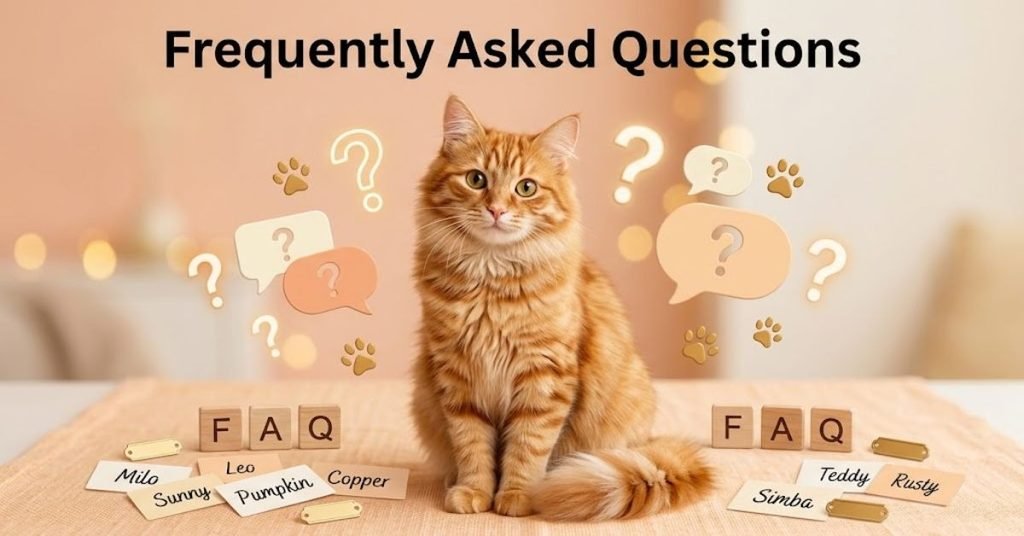 Option 1 (SEO-Friendly): "Frequently asked questions about orange male cat names"

Option 2 (Descriptive): "Graphic header for frequently asked questions about naming orange cats"

Option 3 (Short & Direct): "Frequently asked questions orange cat names heading"

Option 4 (Detailed): "FAQ banner providing answers to common questions about choosing orange cat names"