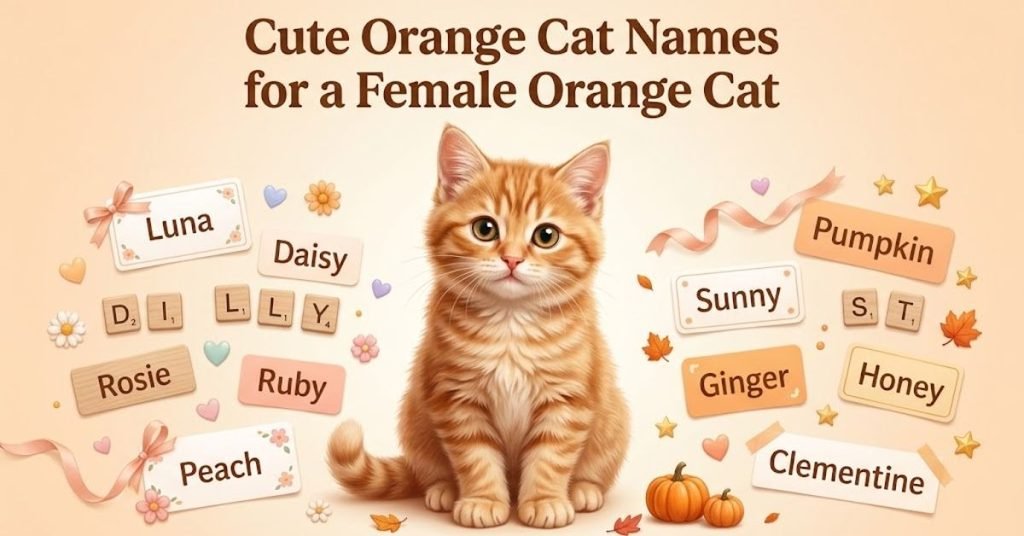 Option 1 (SEO-Friendly): "Cute orange cat names for a female orange cat and kitten"
Option 2 (Descriptive): "Graphic showing cute name ideas for female orange cats and female kittens"
Option 3 (Short & Direct): "Cute female orange cat names list header"
Option 4 (Detailed): "Collection of sweet and adorable cute orange cat names for female cats"