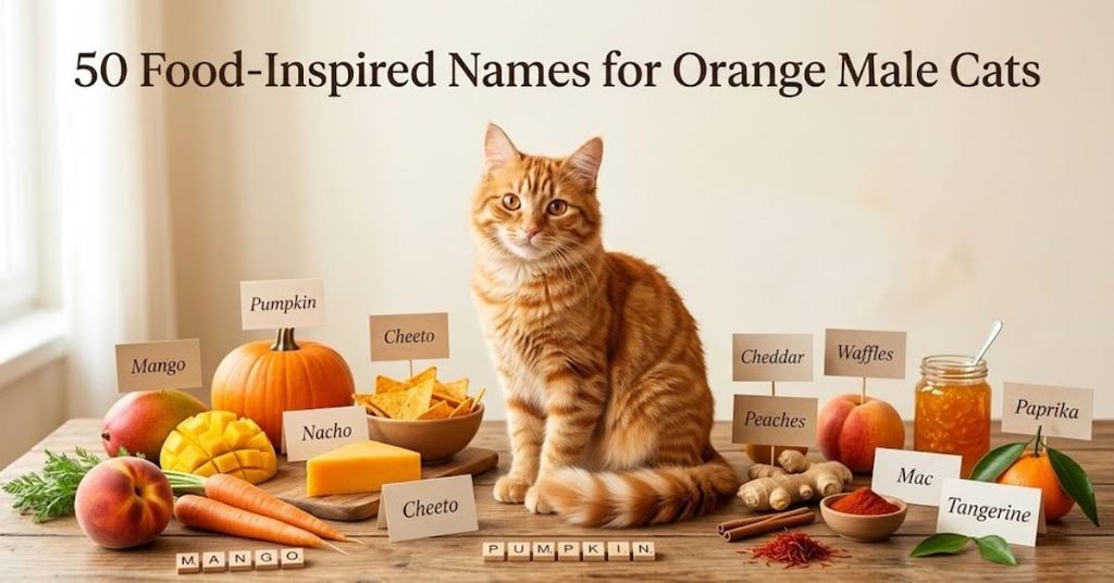 Option 1 (SEO-Friendly): "50 food inspired names for orange male cats and orange kittens"
Option 2 (Descriptive): "Graphic displaying 50 food and spice inspired name ideas for male orange cats"
Option 3 (Short & Direct): "50 food inspired orange male cat names list header"
Option 4 (Detailed): "Collection of 50 tasty food inspired name ideas for orange male cats"