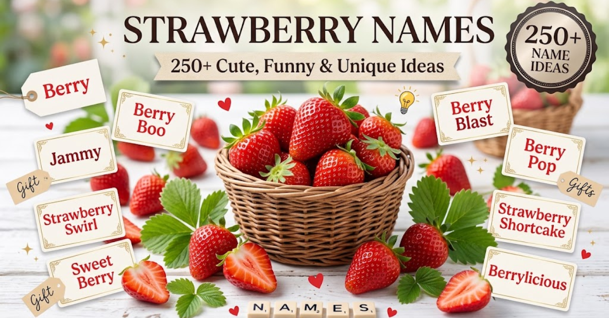 Option 1 (SEO-Friendly): "250 plus cute funny and unique strawberry names and naming ideas" Option 2 (Descriptive): "Graphic displaying over 250 cute funny and unique name ideas for strawberries" Option 3 (Short & Direct): "Cute and funny strawberry names list header" Option 4 (Detailed): "Collection of 250 adorable unique and funny names inspired by strawberries"