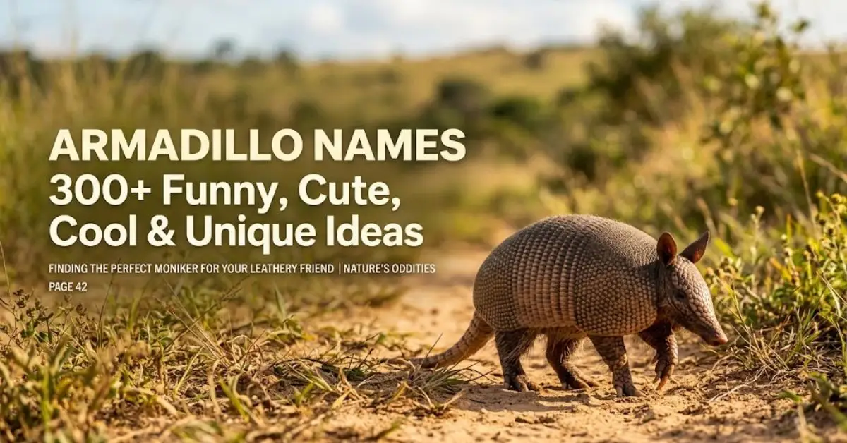 Alt Text: An adorable real armadillo walking along a dirt path in a sunlit grassy habitat with the text overlay "Armadillo Names 300+ Funny, Cute, Cool & Unique Ideas".
