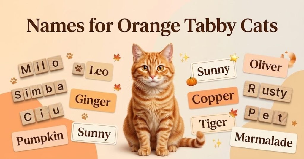 Option 1 (SEO-Friendly): "Best names for orange tabby cats and kittens"
Option 2 (Descriptive): "Graphic displaying popular name ideas for orange tabby cats"
Option 3 (Short & Direct): "Orange tabby cat names list header"
Option 4 (Detailed): "Collection of top cute and unique names for orange tabby cats"