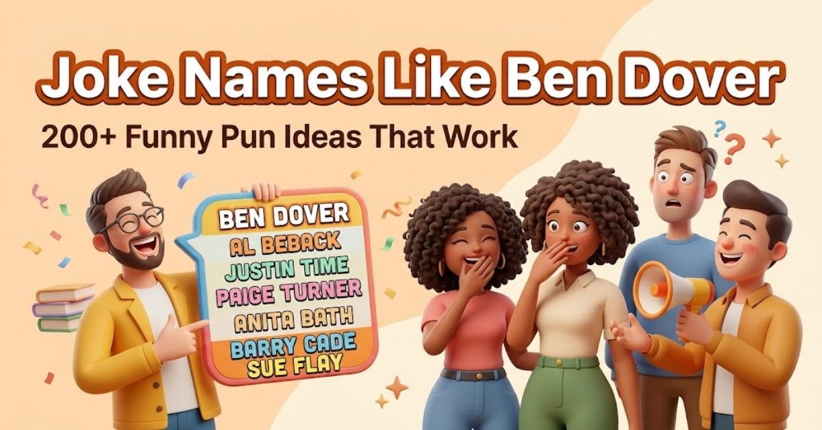 Option 1 (SEO-Friendly): "200 plus funny pun joke names like Ben Dover for clever wordplay" Option 2 (Descriptive): "Graphic displaying over 200 funny pun names and name jokes" Option 3 (Short & Direct): "Funny pun joke names list header" Option 4 (Detailed): "Collection of over 200 funny pun name ideas and joke names that work"