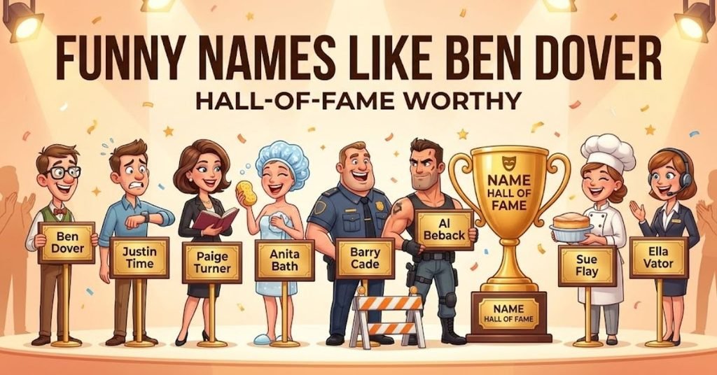 Option 1 (SEO-Friendly): "Hall of fame worthy funny pun names like Ben Dover"
Option 2 (Descriptive): "Graphic displaying hall of fame worthy funny pun name ideas"
Option 3 (Short & Direct): "Funny pun joke names list header"
Option 4 (Detailed): "Collection of top hall of fame worthy funny name puns and joke names"