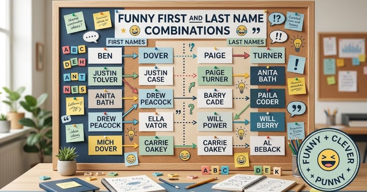 Option 1 (SEO-Friendly): "Funny first and last name combinations and funny pun names" Option 2 (Descriptive): "Graphic displaying hilarious first and last name combinations and name puns" Option 3 (Short & Direct): "Funny first and last name combinations header" Option 4 (Detailed): "Collection of clever funny first and last name combinations for wordplay and jokes"