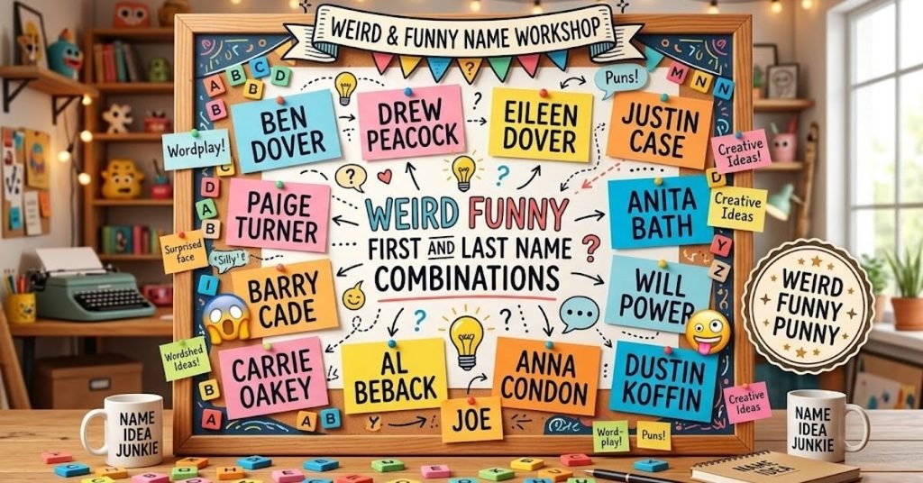Option 1 (SEO-Friendly): "Weird and funny first and last name combinations and name puns"
Option 2 (Descriptive): "Graphic displaying hilarious and weird first and last name combinations"
Option 3 (Short & Direct): "Weird funny first and last name combinations header"
Option 4 (Detailed): "Collection of weird funny first and last name combinations for clever wordplay"