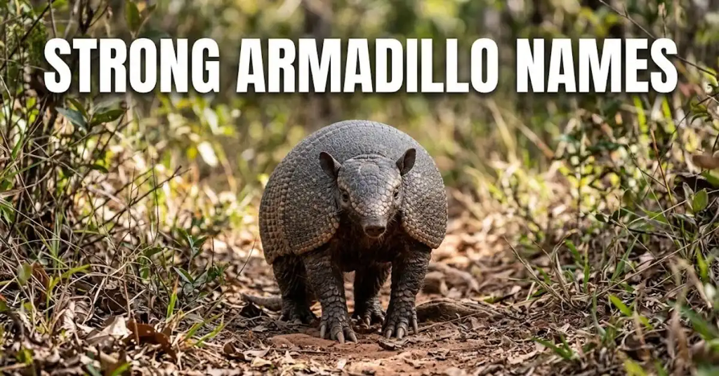 A powerful armadillo standing proudly on a dirt path in a sunny outdoor habitat with the text overlay "Strong Armadillo Names".   