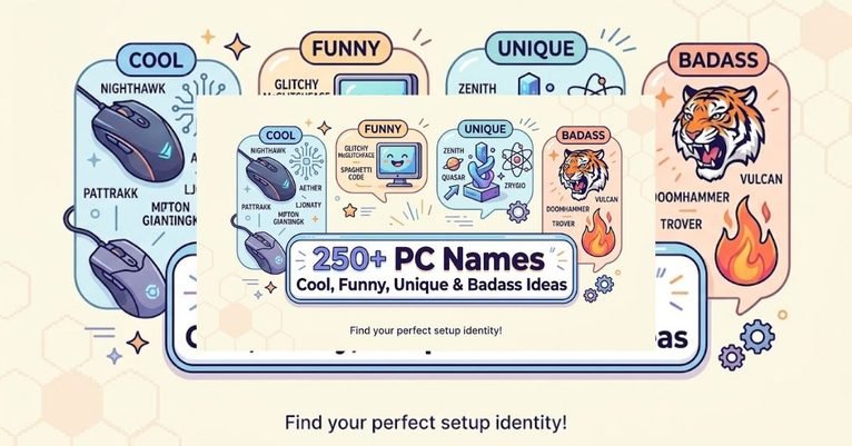 Feature image for 250+ PC name ideas displaying network and computer nicknames on a light, colorful background with tech illustrations.