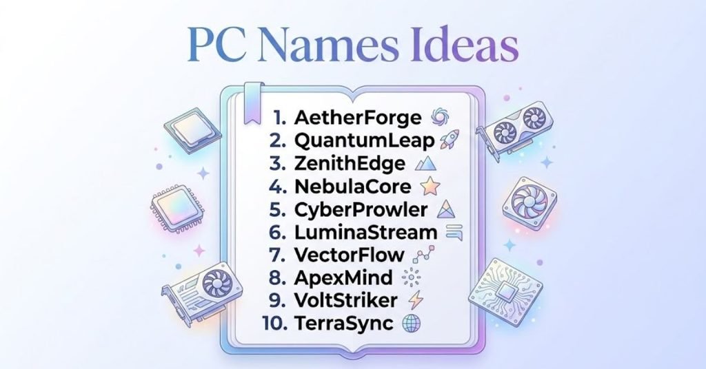 Modern feature image illustrating diverse computer naming inspiration, featuring category labels and stylish PC icons in a bright color scheme.