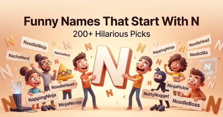 Descriptive A bright, engaging graphic displaying a curated collection of funny N-names, including silly nicknames, punny handles, and humorous character names. Detailed An organized visual guide titled "Funny Names That Start With N," featuring a categorized list of over 200 witty, humorous, and creative name ideas beginning with N for games, profiles, or pets.
