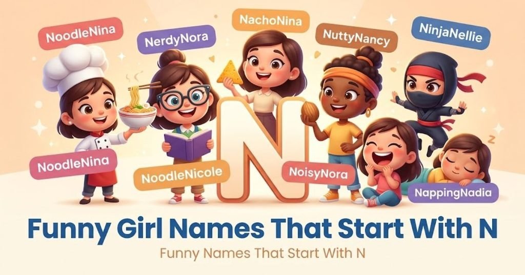Descriptive
A colorful graphic displaying humorous female names and quirky nicknames that begin with N, designed for characters, pets, or usernames.
Detailed
An organized visual guide titled "Funny Girl Names That Start With N," featuring a list of witty, playful, and punny female name ideas starting with the letter N.