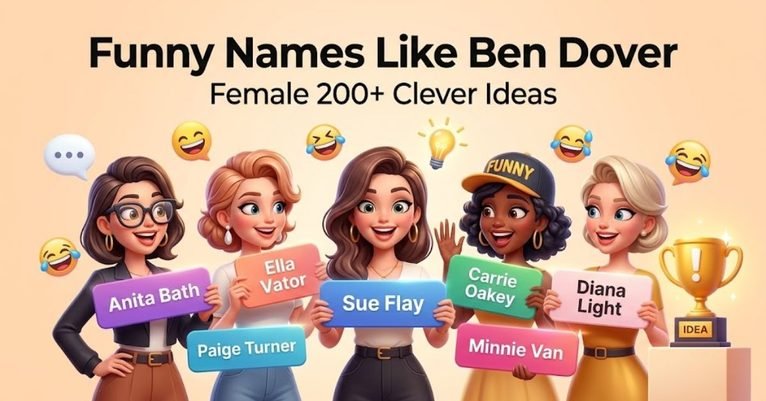 Short & Direct Infographic presenting a list of over 200 clever, funny female pun names similar to "Ben Dover." Descriptive A bright, engaging graphic featuring a collection of hilarious and witty double-entendre and pun-based female names for characters or gamer tags. Detailed An organized visual checklist titled "Funny Names Like Ben Dover Female," displaying over 200 clever, play-on-words female name ideas designed for lighthearted humor and laughs.
