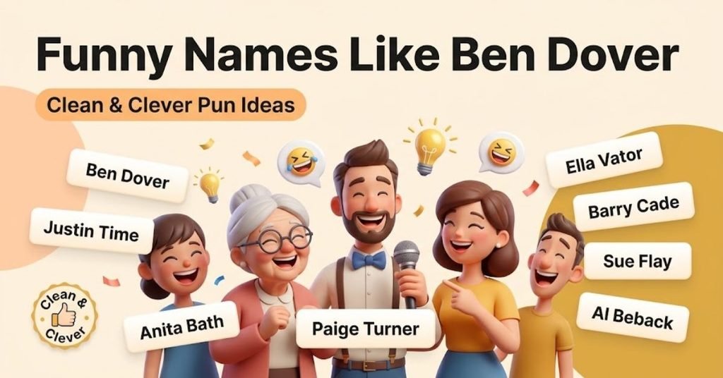 Infographic presenting a list of clean, funny pun names similar to "Ben Dover."
Descriptive
A colorful graphic featuring family-friendly, witty double-entendre and play-on-words name ideas for gamer tags, avatars, or fictional characters.
Detailed
An organized visual guide titled "Funny Names Like Ben Dover Clean," displaying a curated list of clever, PG-rated pun names designed for lighthearted humor without explicit language.
