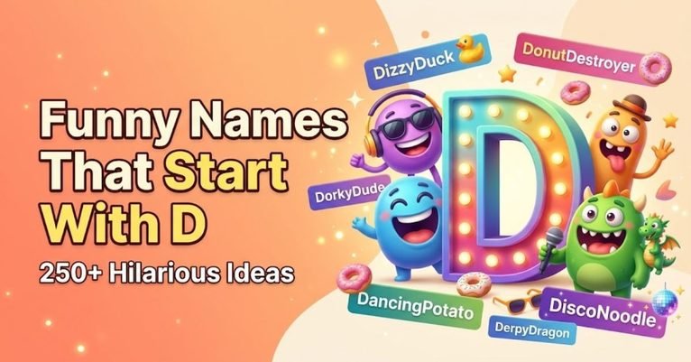 Short & Direct Infographic presenting a list of over 250 funny and hilarious names that start with the letter D. Descriptive A bright, engaging graphic displaying a curated collection of funny D-names, including silly nicknames, punny handles, and humorous character names. Detailed An organized visual guide titled "Funny Names That Start With D: 250+ Hilarious Ideas," featuring a categorized list of witty, humorous, and creative name ideas beginning with the letter D for games, profiles, or pets.