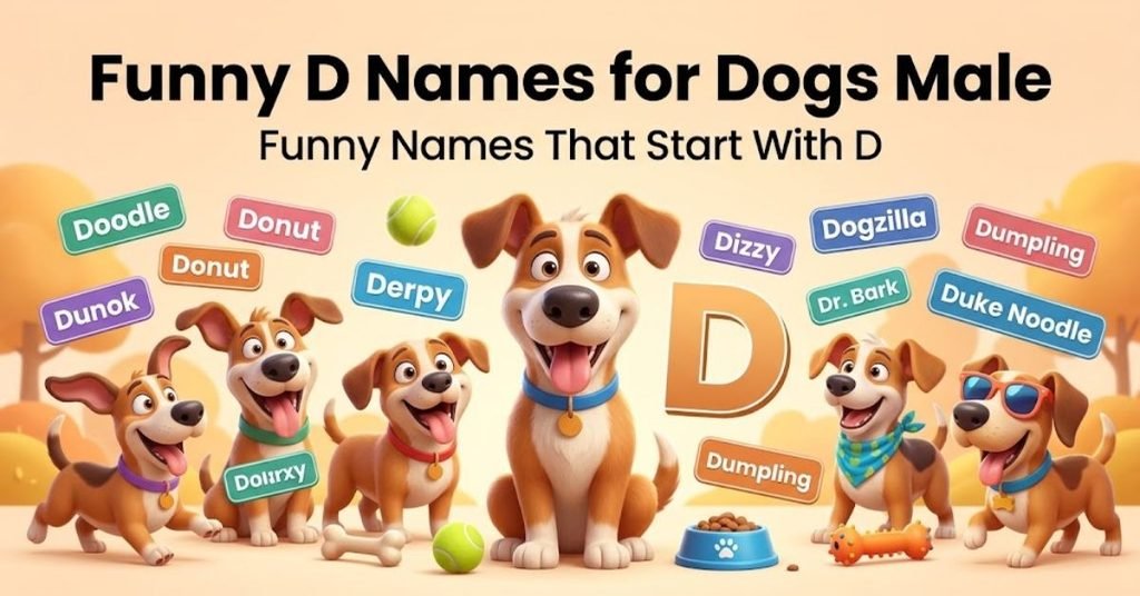 Short & Direct
Infographic showcasing a collection of funny and silly male dog names starting with the letter D.
Descriptive
A colorful graphic displaying humorous, playful dog names and funny nicknames for male pups that begin with the letter D.
Detailed
An organized visual guide titled "Funny D Names For Dogs Male," featuring a curated list of witty, punny, and lighthearted male dog name ideas starting with D.
