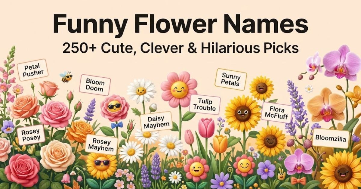 Short & Direct Infographic presenting a list of over 250 cute, clever, and hilarious flower names. Descriptive A bright, colorful floral graphic displaying a collection of funny plant and flower name ideas, including cute nicknames, puns, and silly names. Detailed An organized visual guide titled "Funny Flower Names: 250+ Cute, Clever & Hilarious Picks," featuring a curated list of witty, playful, and creative flower names for gardens, indoor plants, or characters.
