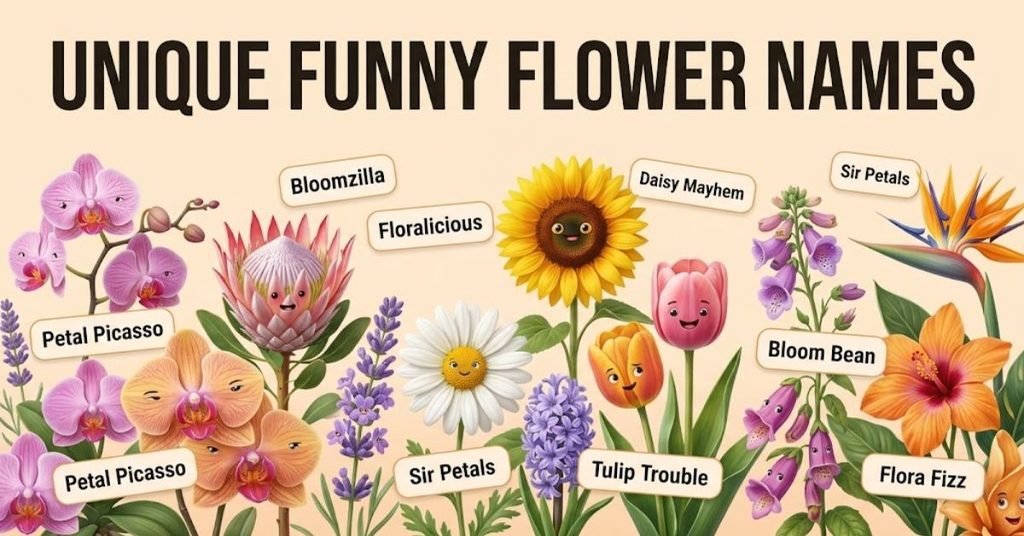 Short & Direct
Infographic presenting a list of unique and funny flower name ideas.
Descriptive
A colorful graphic displaying quirky, unusual, and hilarious flower names, featuring clever plant puns and witty floral nicknames.
Detailed
An organized visual guide titled "Unique Funny Flower Names," featuring a curated list of creative, unexpected, and lighthearted flower name ideas for plants, gardens, or character names.