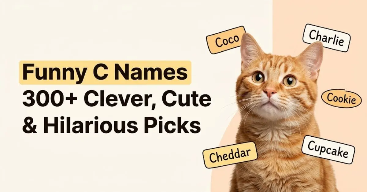 Short Alt Text: Feature banner for "Funny C Names" with an orange tabby cat and name tags for Coco, Charlie, and Cookie. Detailed Alt Text: Editorial header image titled "Funny C Names 300+ Clever, Cute & Hilarious Picks" on a light cream background. On the right, an orange tabby cat looks up curiously surrounded by floating name tags labeled Coco, Charlie, Cookie, Cheddar, and Cupcake.