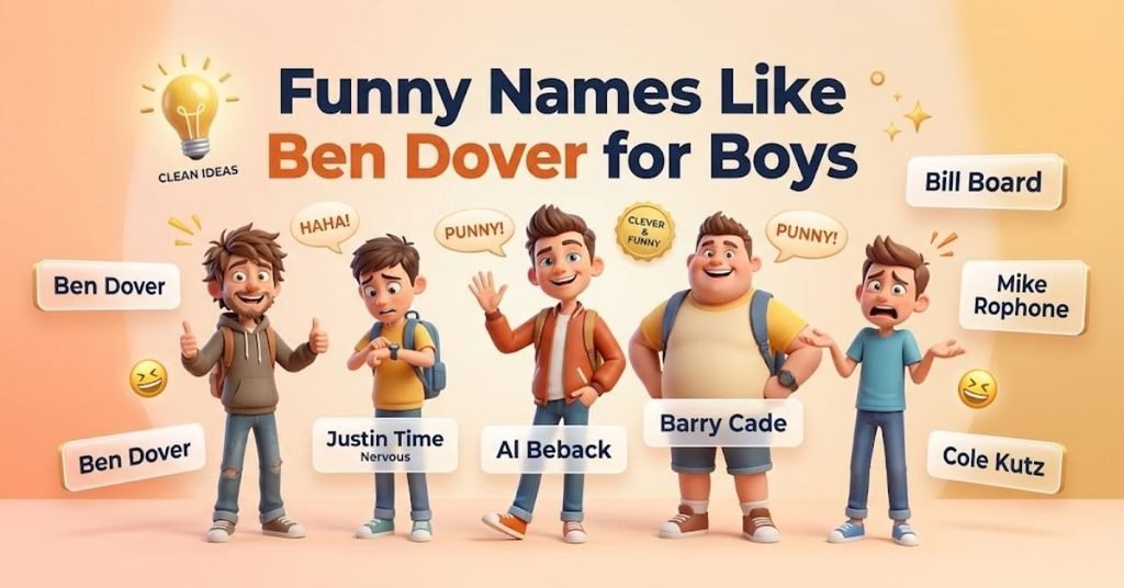 Short & Direct
Infographic presenting a list of clean, funny boy names and wordplay puns similar to "Ben Dover."
Descriptive
A bright, engaging graphic showcasing a curated collection of family-friendly boy names that use clever wordplay, puns, and lighthearted double-entendres.
Detailed
An organized visual checklist titled "Funny Names Like Ben Dover for Boys," featuring a list of witty, PG-rated, and humorous male pun names designed for fictional characters, avatars, and gamer tags.