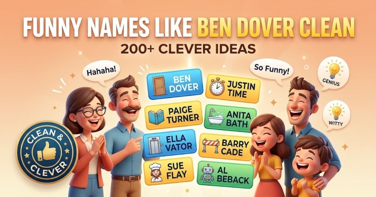 Short & Direct Infographic presenting a list of over 200 clean, funny pun names similar to "Ben Dover." Descriptive A colorful graphic displaying a curated collection of family-friendly double-entendres, clever wordplay, and punny name ideas for avatars and game profiles. Detailed An organized visual guide titled "Funny Names Like Ben Dover Clean," featuring over 200 witty, PG-rated, and lighthearted play-on-words name ideas designed to generate laughs without explicit language.