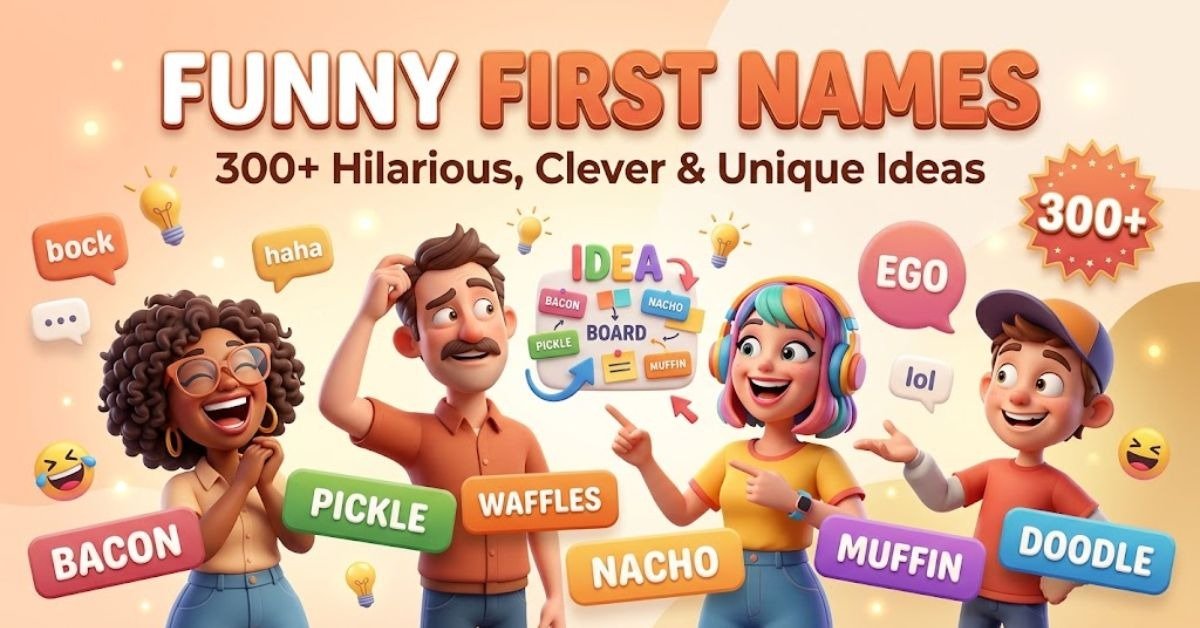 Short & Direct Infographic presenting a list of over 300 hilarious, clever, and unique first names. Descriptive A bright, colorful graphic displaying a comprehensive collection of funny first names, featuring silly nicknames, playful puns, and quirky name ideas. Detailed An organized visual guide titled "Funny First Names: 300+ Hilarious, Clever & Unique Ideas," featuring a curated list of witty, lighthearted, and creative first name suggestions for characters, profiles, or games.