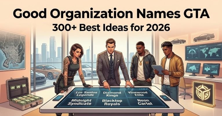 Short & Direct Infographic presenting a list of over 300 top organization name ideas for Grand Theft Auto. Descriptive A dynamic gaming graphic displaying a curated collection of executive, funny, and cool organization names for GTA CEOs, VIPs, and MCs. Detailed An organized visual guide titled "Good Organization Names GTA," featuring a comprehensive list of creative, authoritative, and humorous name ideas for GTA Online businesses and crews.