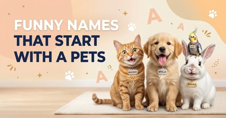 Short & Direct (Recommended): "Funny Names That Start With A for Pets banner featuring a smiling orange tabby cat, a golden puppy, and a rabbit with a bird." Descriptive & SEO-Focused: "Cute orange cat, golden retriever puppy, rabbit, and bird sitting together on a warm pastel background with floating 'A' letters and the title 'Funny Names That Start With A for Pets'." Concise Accessibility Focus: "Illustration of pets including a cat, dog, rabbit, and bird under text reading 'Funny Names That Start With A for Pets'."