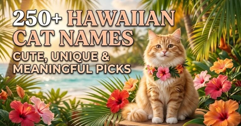 "250+ Hawaiian Cat Names Cute, Unique & Meaningful Picks banner featuring a fluffy orange cat wearing a floral lei on a tropical beach." Descriptive & SEO-Focused: "Fluffy cat sitting in a tropical Hawaiian setting surrounded by palm leaves, colorful hibiscus flowers, and the title '250+ Hawaiian Cat Names Cute, Unique & Meaningful Picks'."