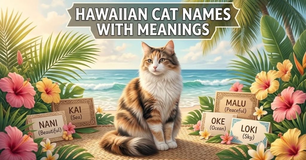 "Hawaiian Cat Names With Meanings banner featuring a fluffy calico cat surrounded by tropical flowers and name cards on a beach."
Descriptive & SEO-Focused:
"Calico cat sitting on a tropical beach with palm leaves, hibiscus flowers, and name cards displaying Hawaiian names and meanings like Kai and Malu."
Concise Accessibility Focus:
"Illustration of a cat in a tropical setting with text reading 'Hawaiian Cat Names With Meanings'."