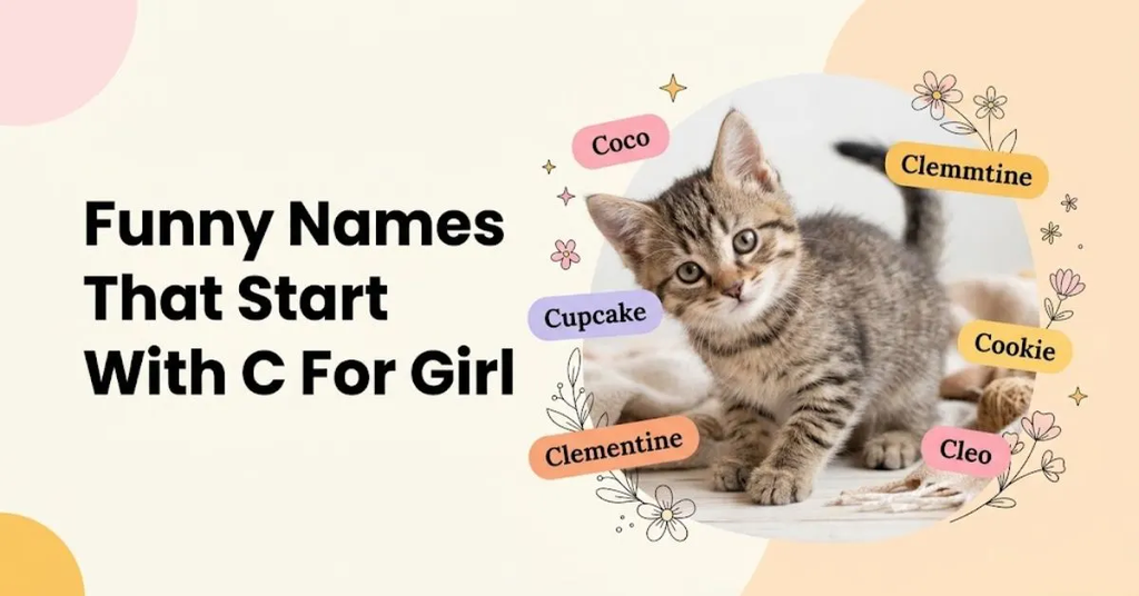Alt Text: Feature banner titled "Funny Names That Start With C For Girl" showing an adorable kitten with name tags like Coco, Cupcake, Clementine, Cookie, and Cleo