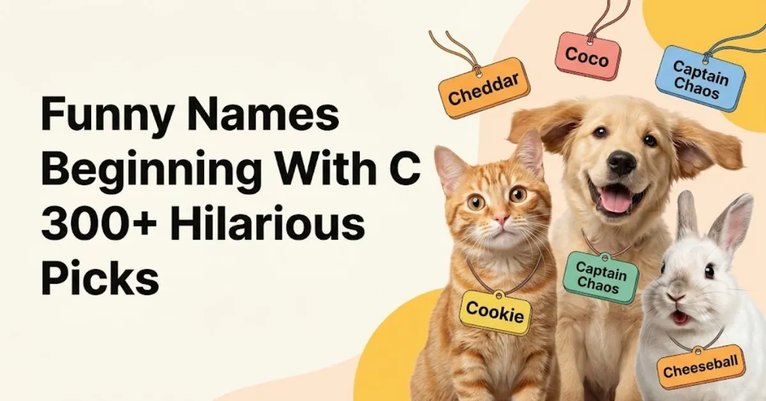 Alt Text: Website banner titled "Funny Names Beginning With C 300+ Hilarious Picks," featuring a photorealistic orange cat, a goofy golden retriever puppy, and a fluffy white rabbit with funny expressions and name tags like Cheddar, Captain Chaos, and Cookie.