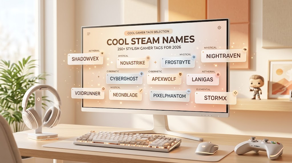 A stylish gaming graphic titled 'Cool Steam Names: 250+ Stylish Gamer Tags for 2026' featuring a light, modern background with gaming icons like controllers, headsets, and glowing neon accents.