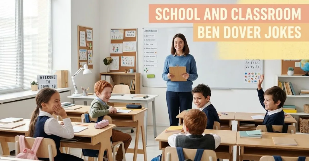 Alt Text: Feature banner titled "School and Classroom Ben Dover Jokes" showing a bright, realistic American classroom scene with a teacher at a whiteboard and students reacting humorously to a roll-call joke[cite: 17]