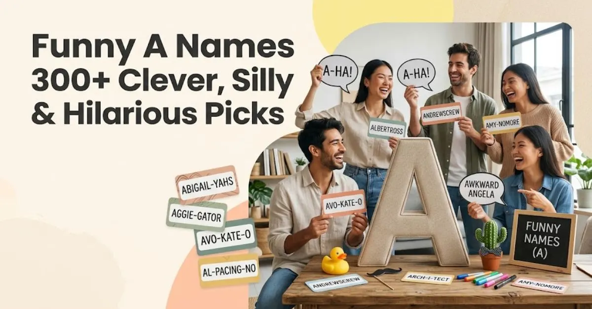 alt="Editorial feature image for 'Funny A Names: 300+ Clever, Silly & Hilarious Picks' on a bright cream background with playful characters, speech bubbles, and letter A name tags."