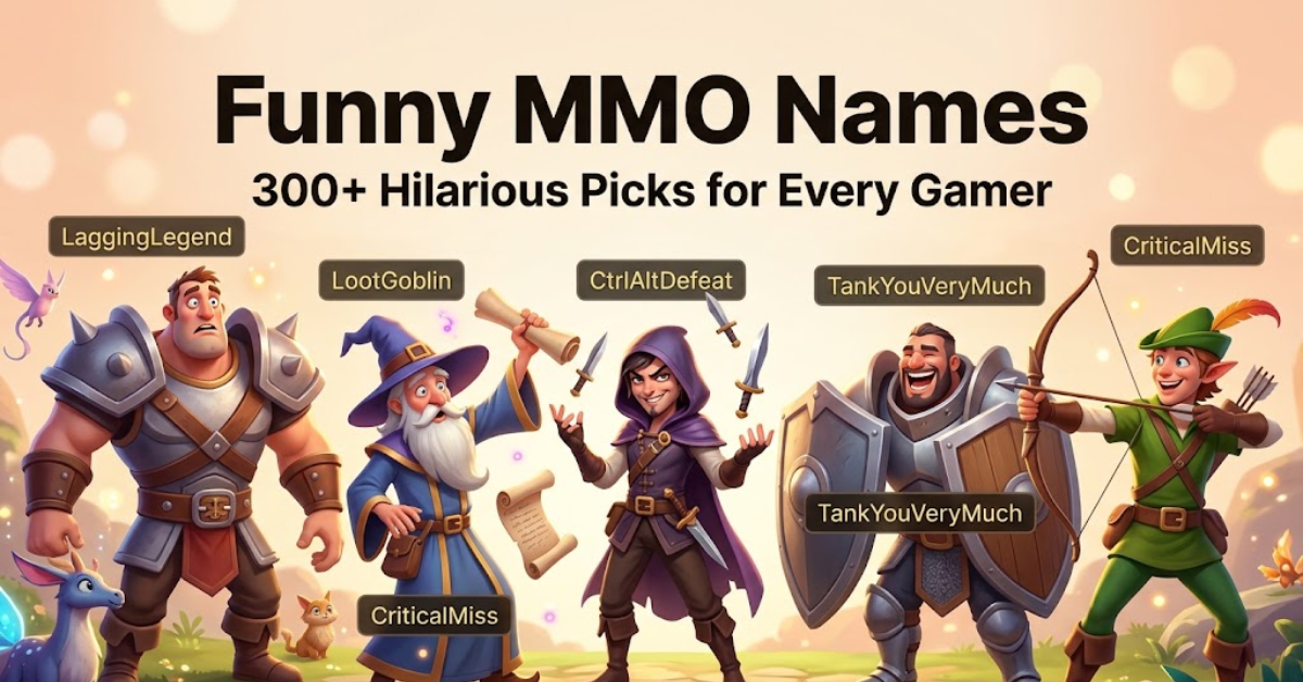 Short & Direct Infographic presenting a list of over 300 hilarious and funny MMO character names for gamers. Descriptive A colorful gaming graphic showcasing a comprehensive collection of funny MMO username ideas, categorized by humor type and character class. Detailed An organized visual guide titled "Funny MMO Names: 300+ Hilarious Picks for Every Gamer," featuring witty, punny, and lighthearted username suggestions for multiplayer online games.