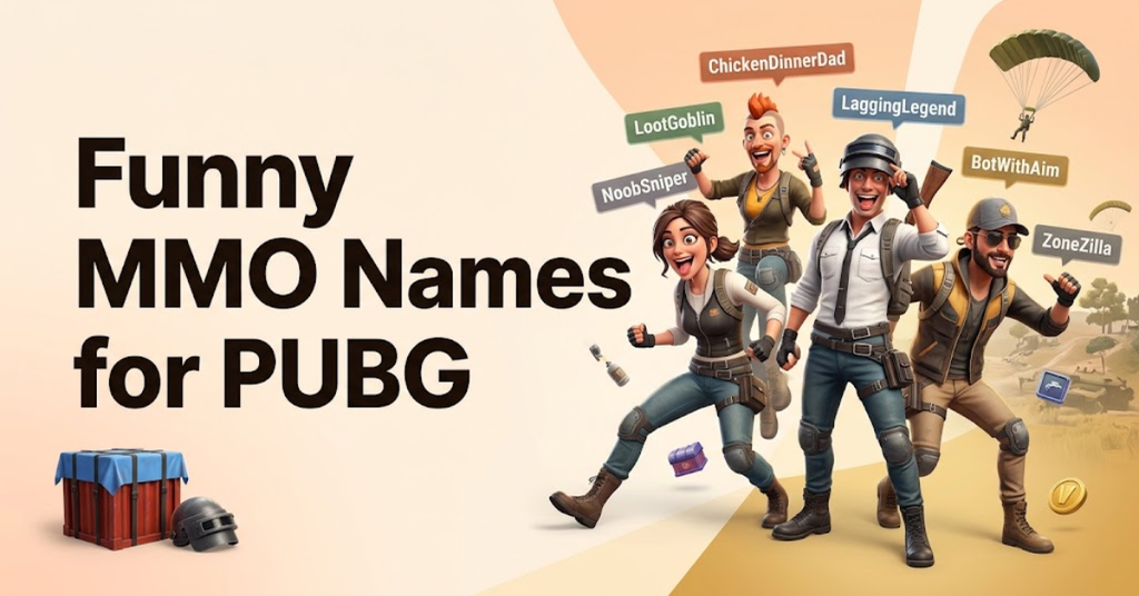 Descriptive
A dynamic gaming graphic featuring a collection of creative, funny PUBG names and humorous player handles.
Detailed
An organized visual checklist titled "Funny MMO Names for PUBG," displaying a curated list of witty, pun-filled, and lighthearted usernames designed for battle royale gamers.