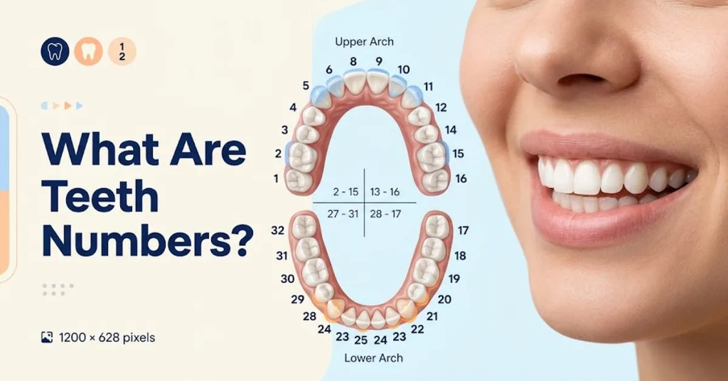 Upper Arch (Teeth 1 to 16): Starts at the upper right back wisdom tooth (#1), goes across the front teeth, and ends at the upper left back wisdom tooth (#16).

Lower Arch (Teeth 17 to 32): Starts at the lower left back wisdom tooth (#17), goes across the front teeth, and ends at the lower right back wisdom tooth (#32).