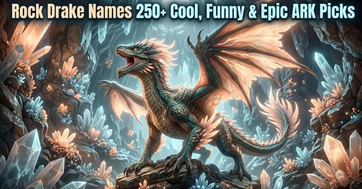 Alt Text: A vibrant Rock Drake gliding through a glowing bioluminescent cavern in ARK: Survival Evolved, with text overlay reading "Rock Drake Names 250+ Cool, Funny & Epic ARK Picks".